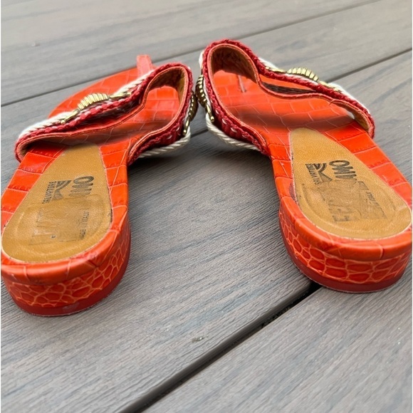 Salvatore Ferragamo red orange T strap rope crock embossed leather sandals 7.5 - Picture 6 of 16